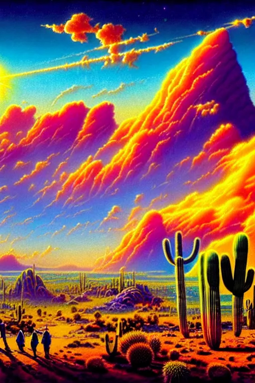 Prompt: a photorealistic detailed cinematic image of a beautiful vibrant iridescent future for human evolution, spiritual science, divinity, utopian, cumulus clouds, ornate native american tribe, ritual, ceremonial, offering, sacred, cactus, isometric, by david a. hardy, kinkade, lisa frank, wpa, public works mural, socialist