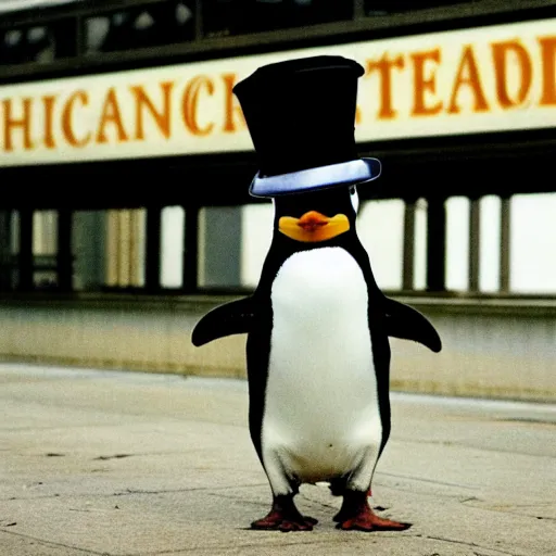 Prompt: A photo of a penguin wearing a conductor's hat at a Chicago train station, 1990, award-winning