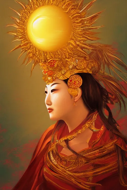 Prompt: oil painting, ancient chinese goddess, the incarnation of the sun bird, sunlit, paint texture, digital painting, highly detailed, artstation, sharp focus, illustration, concept art