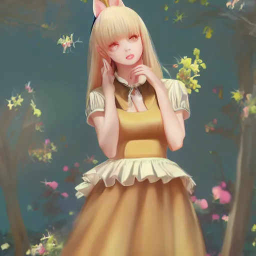 Image similar to realistic beautiful gorgeous natural cute Blackpink Lalisa Manoban blonde hair cute fur blonde cat ears in maid dress outfit golden eyes artwork drawn full HD 4K highest quality in artstyle by professional artists WLOP, Taejune Kim, Guweiz, ArtGerm on Artstation Pixiv