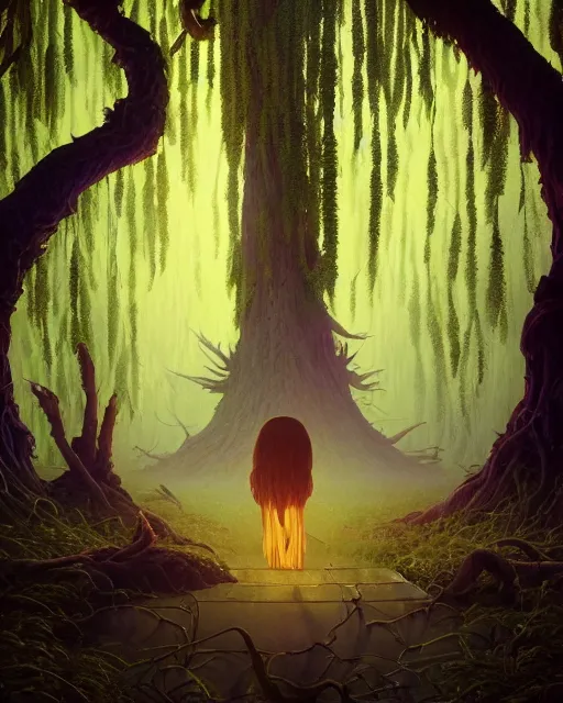 Image similar to highly detailed surreal vfx portrait of a cursed object in a shadowy forest by a willow tree, stephen bliss, unreal engine, greg rutkowski, loish, rhads, beeple, makoto shinkai and lois van baarle, ilya kuvshinov, rossdraws, tom bagshaw, alphonse mucha, global illumination, detailed and intricate environment