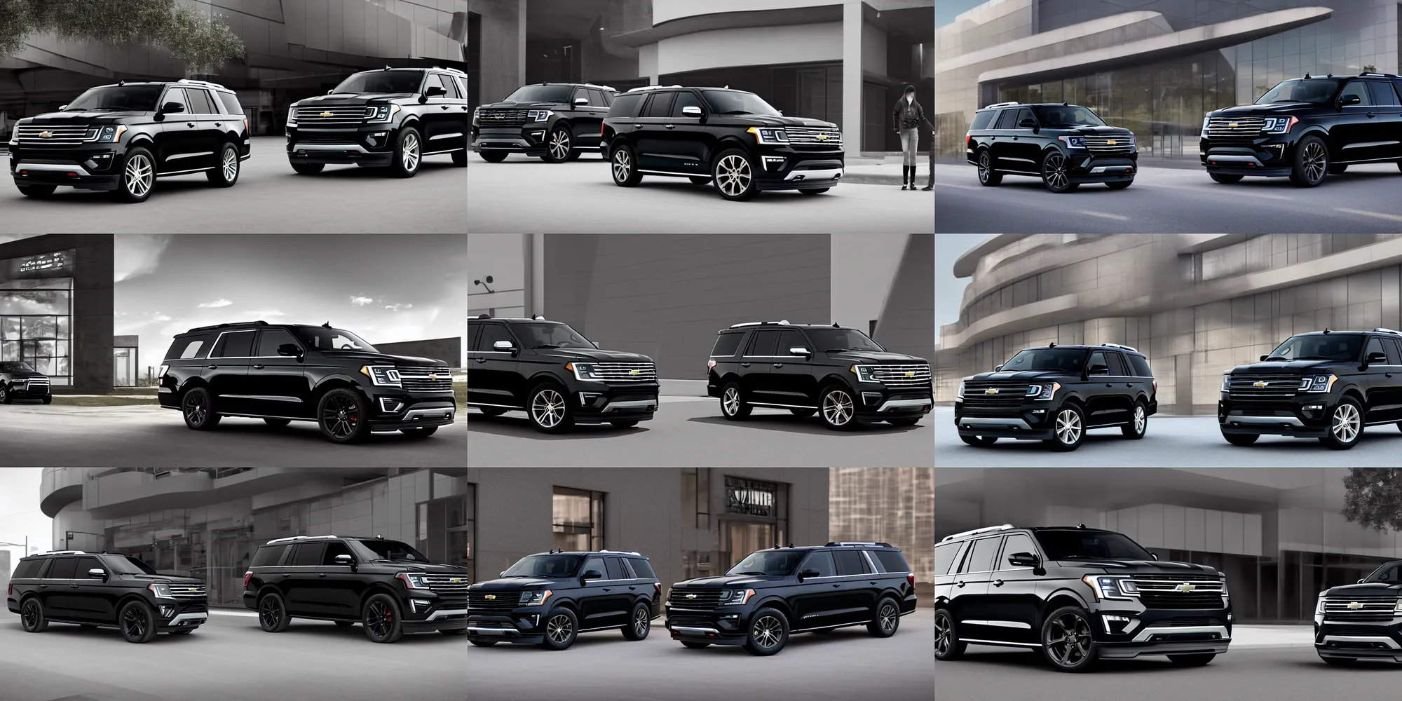 Prompt: a black suv inspired by a 2 0 2 2 chevrolet suburban and 2 0 2 2 ford expedition parked in front of a building, a digital rendering by the family circus, trending on cg society, regionalism, ue 5, rendered in unreal engine, ultrafine detail