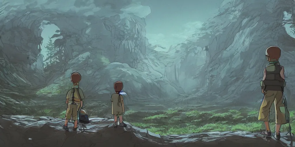 Image similar to highly detailed cell - shaded cartoon landscape with two boys looking at a miniature alien creature 1 9 7 0 s science fiction, moody, misty, depth perception, 4 k, artstation, in the style of studio ghibli