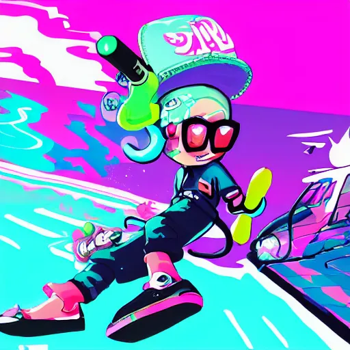 Image similar to splatoon, retrowave epic art, trending on art station