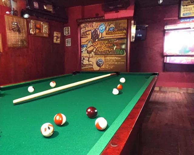 Prompt: pangolins playing billiards in a dive bar