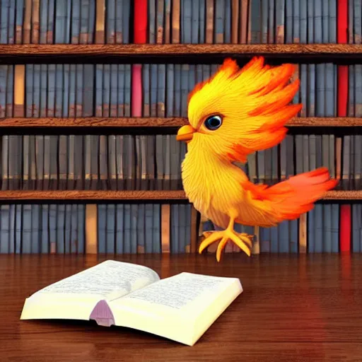 Prompt: a tiny cute adorable phoenix fledgling learning to read in a library #digital-art #3D #Render #Raytracing