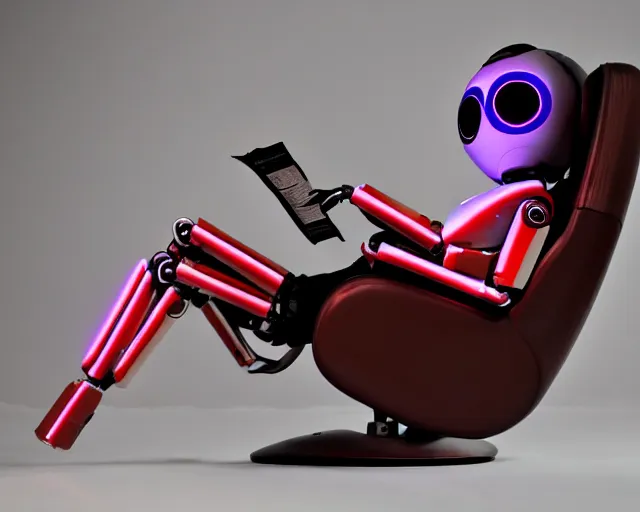 Image similar to Against a white cyc (white cyclorama backdrop) futuristic studious matte brown and red and chrome full-body humanoid robot with two huge round expressive sad purple glowing LED eyes and open rectangular mouth sitting on a large comfortable cushioned 1950s vintage recliner reading a newspaper. open newspaper. full shot Cinematic Movie Photograph, Arri Alexa, Extremely Detailed, smooth, very very clean, white cyc, white background, 8K, octane render, maya render, unreal engine, trending on artstation, DSLR, excellent composition, center frame