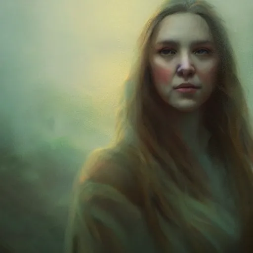 Image similar to Beautiful aesthetically pleasing female oracle of Delphi portrait, face centered portrait, Confident, fog, rain, volumetric lighting, beautiful, golden hour, sharp focus, ultra detailed, conceptartworld by Leesha Hannigan, Ross Tran, Thierry Doizon, Kai Carpenter, Ignacio Fernández Ríos