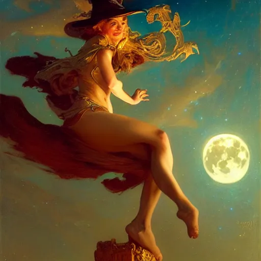 Image similar to attractive witch magically flying trough the night, fantasy, full moon in background. highly detailed painting by gaston bussiere, craig mullins, j. c. leyendecker 8 k