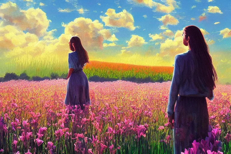 Image similar to giant gladiola head, girl walking in field of flowers, surreal photography, sunrise, blue sky, dramatic light, impressionist painting, digital painting, artstation, simon stalenhag