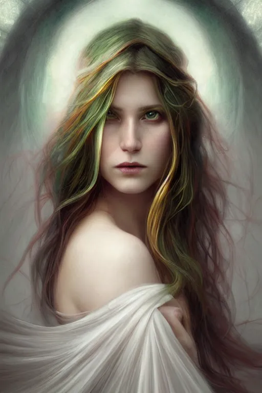 Image similar to portrait of white ghost, dark fantasy, gradient white red grey, dreamy and ethereal, green eyes, golden ratio, peaceful expression, lace, fantasy, intricate, elegant, stormy sky, highly detailed, digital painting, artstation, concept art, smooth, b sharp focus, illustration, art by artgerm and greg rutkowski and alphonse mucha