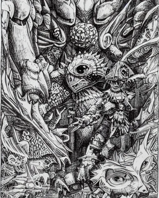 Image similar to agumon the digimon as a d & d monster, pen - and - ink illustration, etching, by russ nicholson, david a trampier, larry elmore, 1 9 8 1, hq scan, intricate details, high contrast