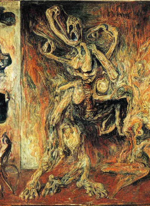 Image similar to a teratoma exploding in the middle of a museum room realizing that he has consciousness painted by james ensor goya and giorgio de chirico