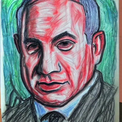 Prompt: portrait of benjamin netanyahu, drawn by a child, in oil pastel colors