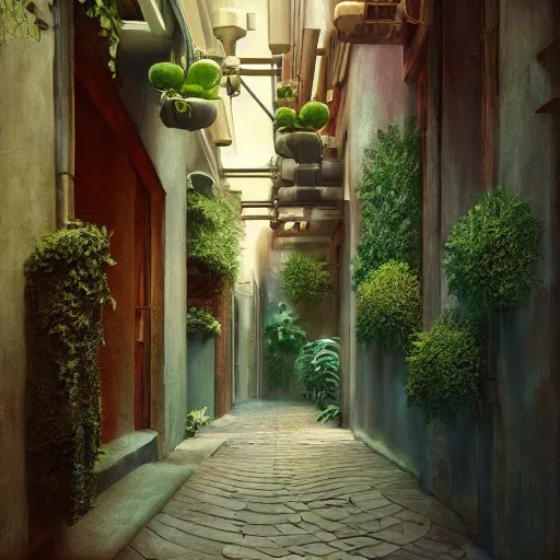 Image similar to a painting of a bronze art-deco alley lined with plants, a detailed matte painting by Anka Zhuravleva, cgsociety, light and space, rendered in unreal engine, artstation hq, artstation hd