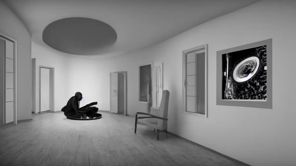 Image similar to an mri image in the living room, film still from the movie directed by denis villeneuve with art direction by salvador dali, wide lens