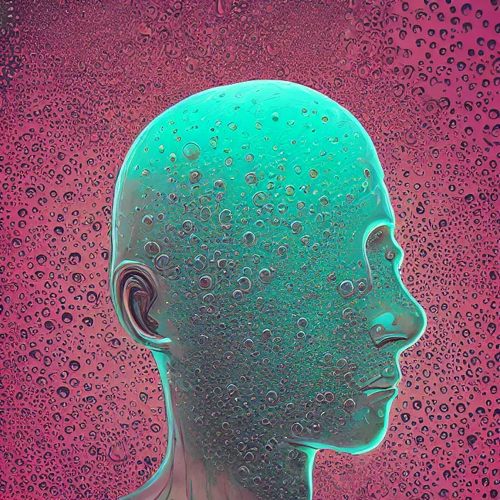 Prompt: illustration of a melting human head of acrylic bubbles and flowers, ferrofluids, water distortions. intricate abstract. intricate artwork. colortheme by beeple, muted colors