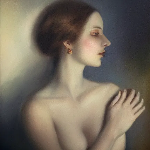 Image similar to close portrait of a beautiful mysterious elegant moth, oil on canvas, romanticism style, natural, mood lighting, dramatic, dreamlike, painterly, peaceful, digital art, highly detailed, trending on artstation