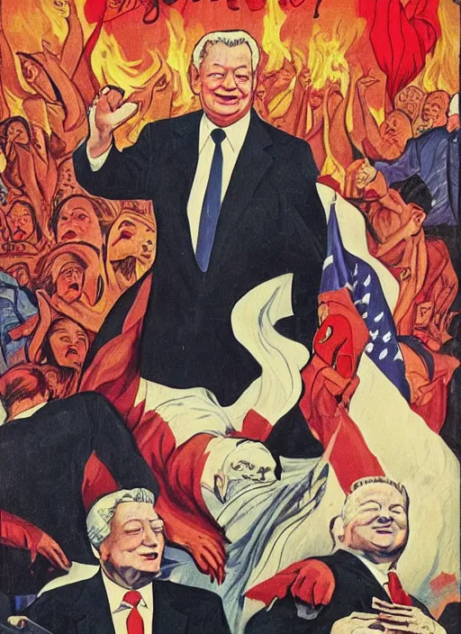 Image similar to yeltsin president in hell, devils and sinners, advertising in the style of american art of the 1 9 5 0 s in color