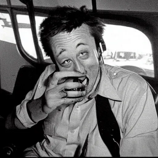 Image similar to retro photo of drunked elon musk aka bus driver in bus by hunter thompson, fear and loathing in las vegas style