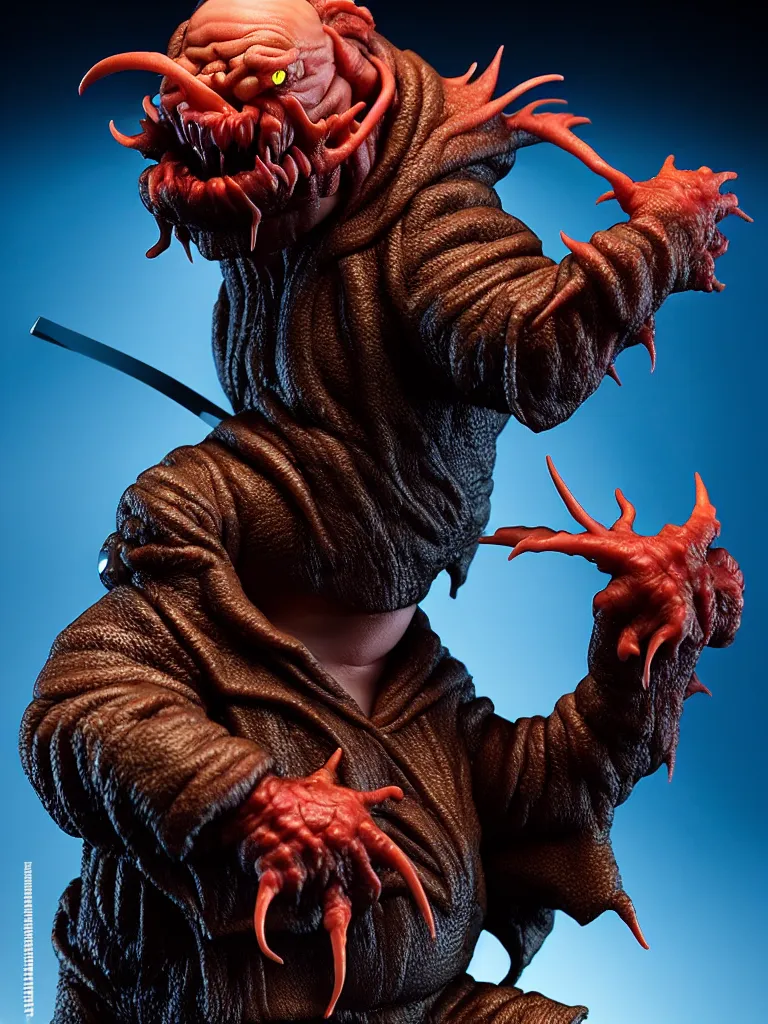 Image similar to hyperrealistic rendering, fat smooth john carpenter's the thing by bernie wrightson and killian eng and joe fenton, product photography, action figure, sofubi, studio lighting, colored gels, colored background