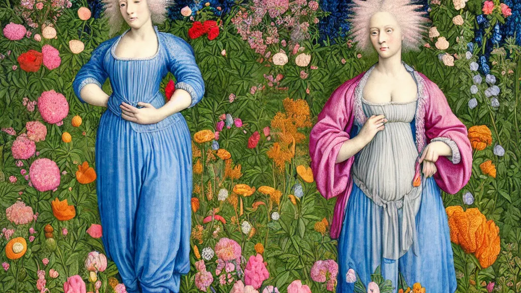 Prompt: portrait of a woman with neon blue hair, wearing baggy clothes and hair rolls, standing in a garden full of flowers, intricate details, high detail, in a renaissance style