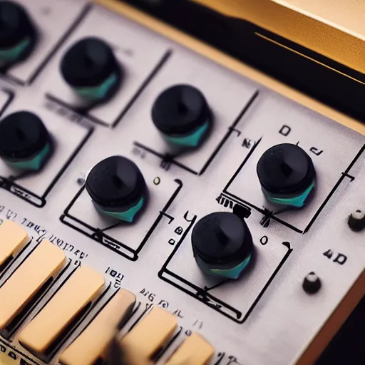 Prompt: high quality hd macro photo of the new woogyploog synthesizer, utilizing state of the art neural laserbeam synthesis, product shot, crisp defined edges, knobs and dials, 4k photo, promo image, bokeh