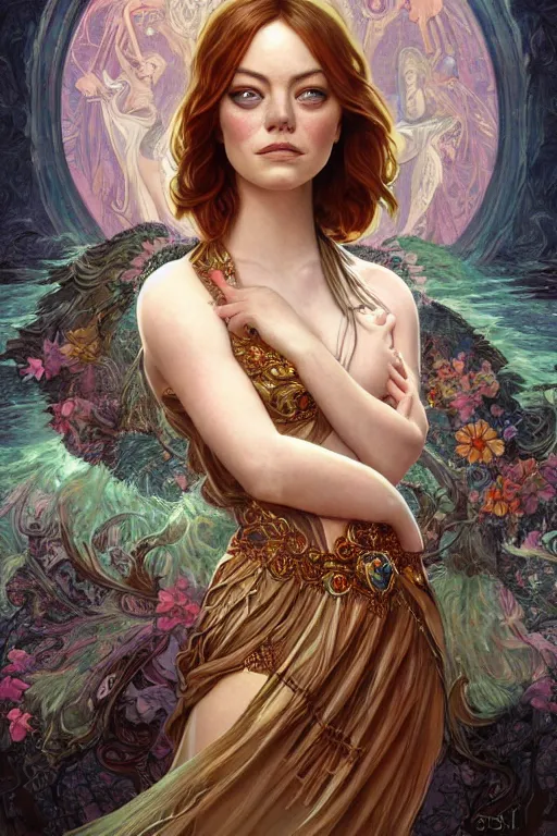 Image similar to Emma Stone as a Universal Goddess, cute, fantasy, intricate, elegant, highly detailed, digital painting, 4k, HDR, concept art, smooth, sharp focus, illustration, art by artgerm and H R Giger and alphonse mucha