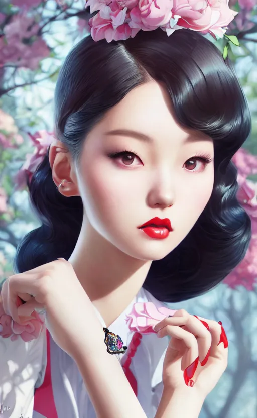 Image similar to a pin up and beautiful fashion charming dreamlke korea girl with lv jewelry, character art, art by artgerm lau and kyoung hwan kim and and ilya kuvshinov and john singer sargent, hyperdetailed, 8 k realistic, symmetrical, frostbite 3 engine, cryengine, dof, trending on artstation, digital art