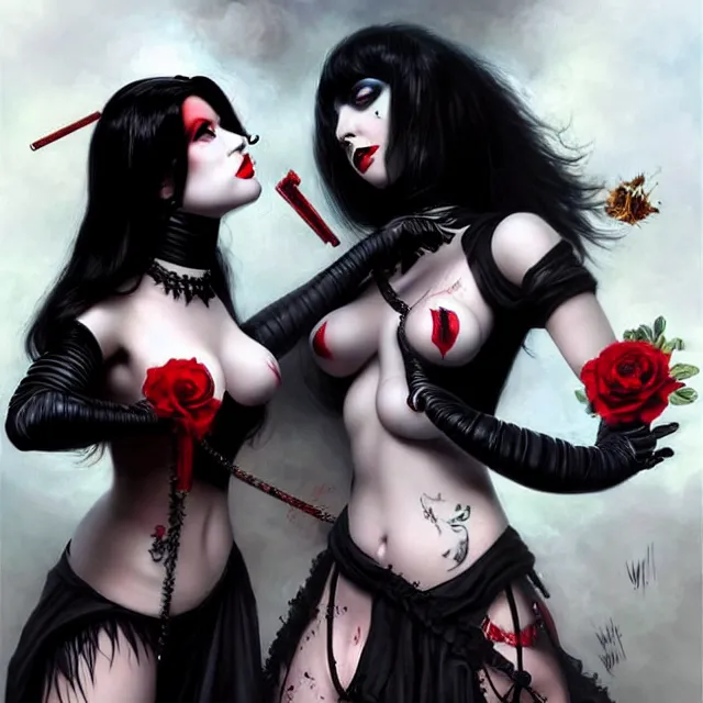 Image similar to two beautiful goth girls fighting slavery cosplay with black hair in fully tattooed body and clothes fully on, big red lips, black eye makeup, art by gennady ulybin and wlop and stanley lau and artgem and magali villeneuve and karol bak, trending on artstation