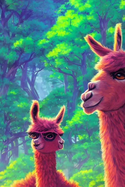 Prompt: portrait of a Llama, colorful fantasy forest background, rich vivid colors, ambient lighting, dynamic lighting, 4k, HQ, official media, anime key visual, makoto shinkai, ilya kuvshinov, lois van baarle, rossdraws, detailed, trending on artstation, daily deviation, masterpiece anthro portrait