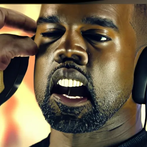 Prompt: kanye west screaming in his headphone mic in genuine anger because he lost his call of duty game