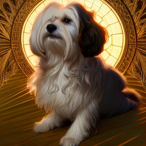 Image similar to beautiful detailed picture of a havanese, radiant light, art nouveau, intricate, elegant, highly detailed, my rendition, digital painting, artstation, concept art, smooth, sharp focus, illustration, art by artgerm and greg rutkowski and alphonse mucha