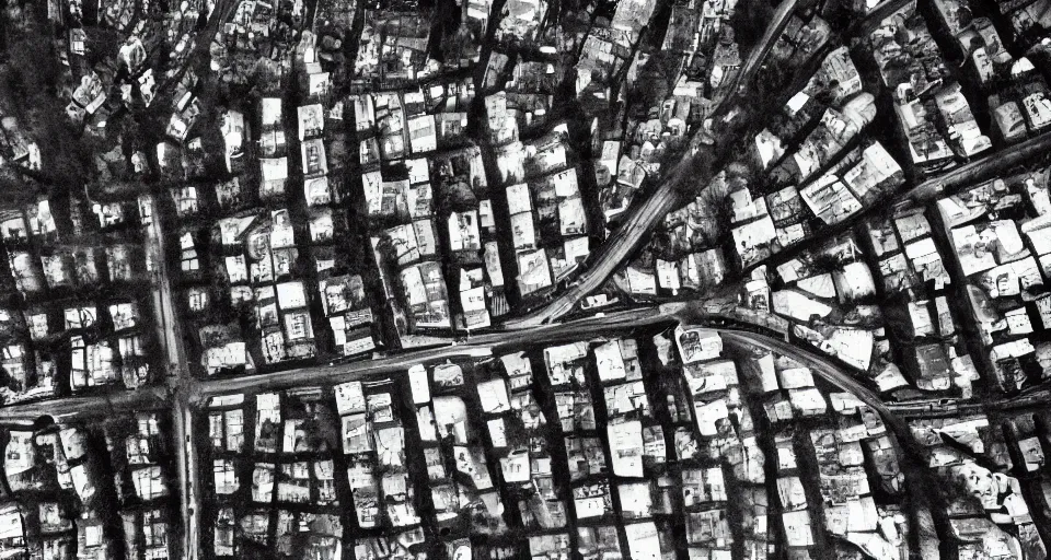 Image similar to aerial image of a street in the winter, black and white photograph by andre kertesz