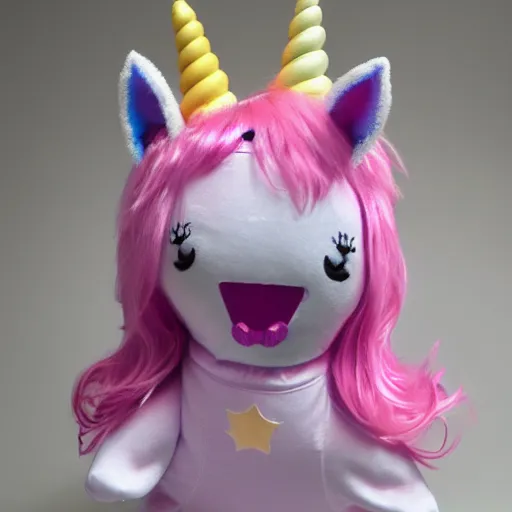 Image similar to a happy unicorn, plush doll, 8 k