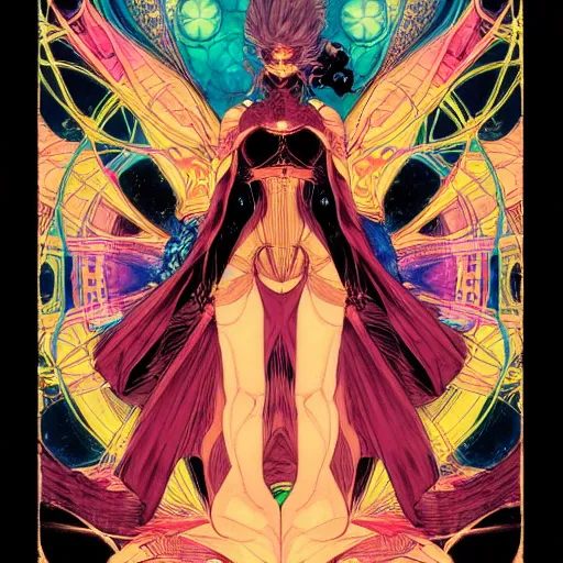 Image similar to the empress by travis charest and laurie greasley, yoshitaka amano, hiroshi yoshida, cosmic energy by Kelly McKernan, detailed, kaleidoscope, psychedelic, cosmic energy by Kelly McKernan, yoshitaka amano, hiroshi yoshida, moebius, artgerm, cool tone pastel rainbow colors, inspired by dnd, iridescent aesthetic, centered symmetrical and detailed