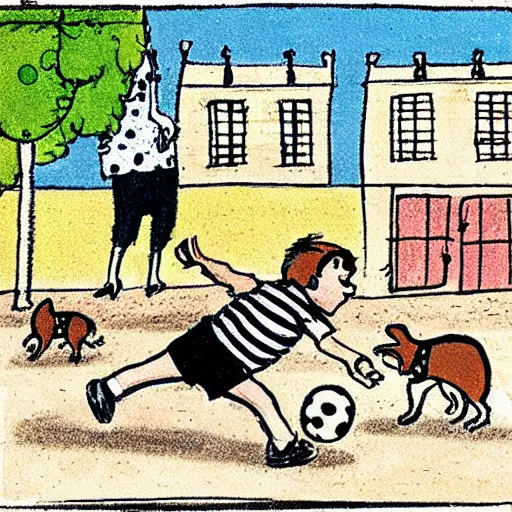 Image similar to illustration of french boy on the streets of paris playing football against a corgi, the dog is wearing a polka dot scarf, comic, 1 9 7 2