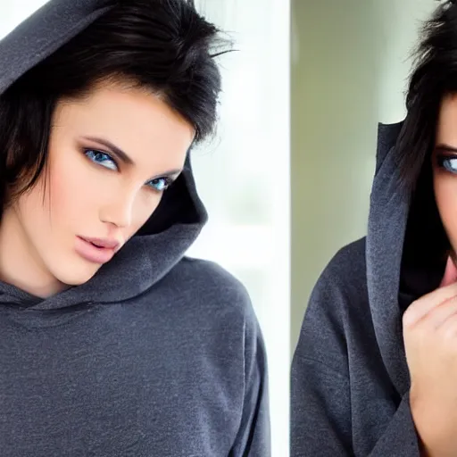 Image similar to raven haired seductive supermodel with stunning light eyes with a beautiful face, fair soft skin, wearing a hoodie