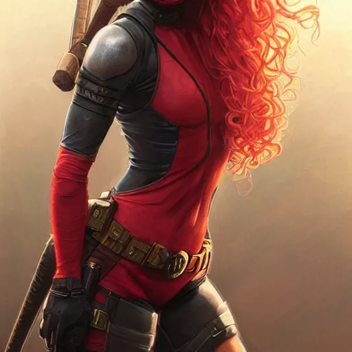 Image similar to portrait of a girl wearing deadpool costumes, upper body, red hair, long hair, d & d, fantasy, fierce, sharp features, intricate, elegant, highly detailed, digital painting, artstation, concept art, matte, sharp focus, illustration, art by artgerm and greg rutkowski and alphonse mucha