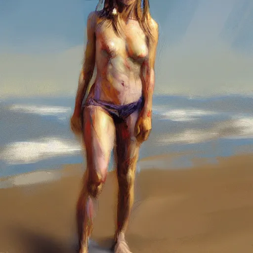 Image similar to A realistic hyperdetailed multi-colored digital oil full body portrait painting of a sydney sweeney at the beach in the style of Guy Denning, Ruan Jia, and Craig Mullins. Trending on ArtStation and DeviantArt. CGSociety Digital art.