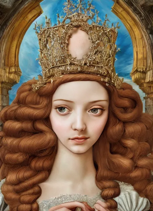 Image similar to closeup medieval botticelli face portrait of a fairytale princess wearing a crown eating cakes in the castle, bikini, depth of field, zeiss lens, detailed and intricate environment, fashion photoshoot by nicoletta ceccoli, mark ryden, lostfish, breathtaking, 8 k resolution, extremely detailed, beautiful, establishing shot, artistic, hyperrealistic, octane render