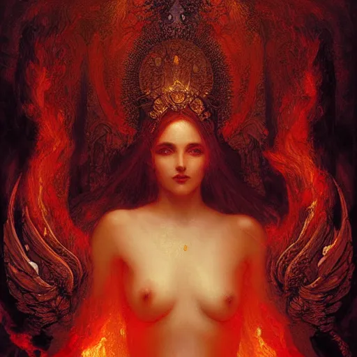 Image similar to eternal goddess empress bathing in deepest fiery underworld depths of hell by greg rutkowski, gustave dore, alphone mucha, visionary deep aesthetics art