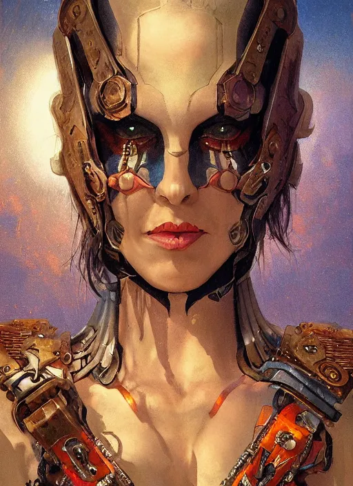 Image similar to symmetry! middle closeup of a biblical diabolical pirate girl! stylish cyborg mimick armor, heavy eyes to the side, closeup, bright glowing eyes, in clouds, rain, sunset, portrait, by gerald brom, by mikhail vrubel, by peter elson, muted colors, extreme detail, mirrors, trending on artstation, 8 k