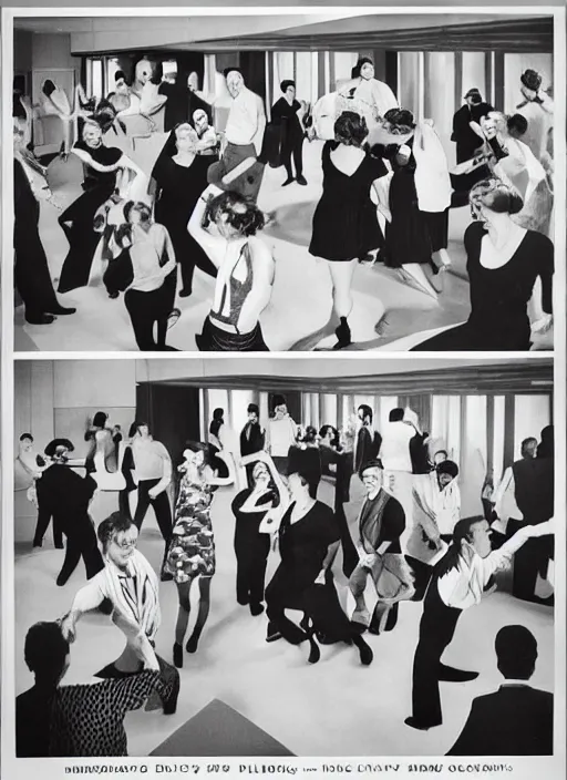 Prompt: “Photograph of a party with lots of people dancing in luxurious modern mid century house. Retro advert style.”