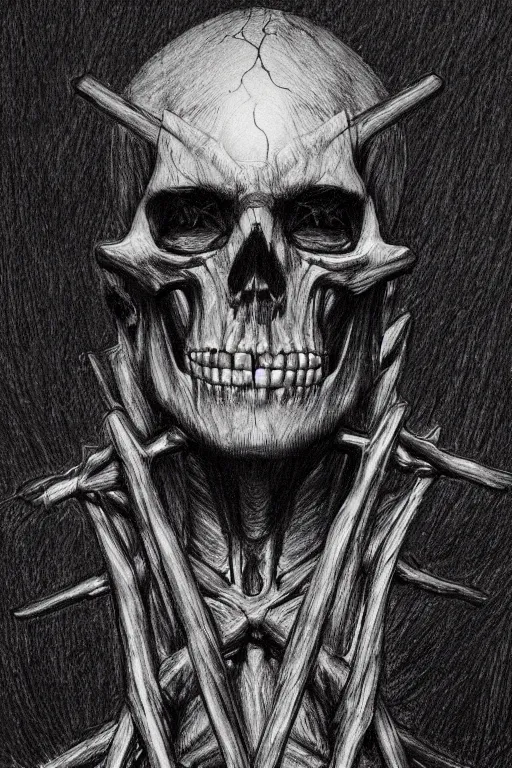 Image similar to crucified skeleton portrait album cover hyper detailed concept art sheet crosshatch sketch illustration art style by Jonathan Wayshak and Toshihiro Egawa and Zdizslaw Beksinski and Artstation trending 8k