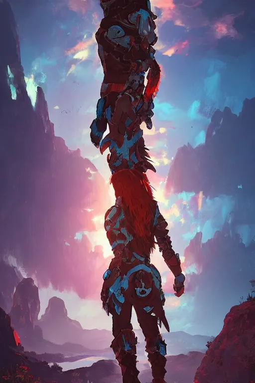 Image similar to combination suit armor aloy horizon forbidden west horizon zero dawn radiating a glowing aura global illumination ray tracing hdr fanart arstation by ian pesty and alena aenami artworks in 4 k tribal robot ninja mask helmet backpack