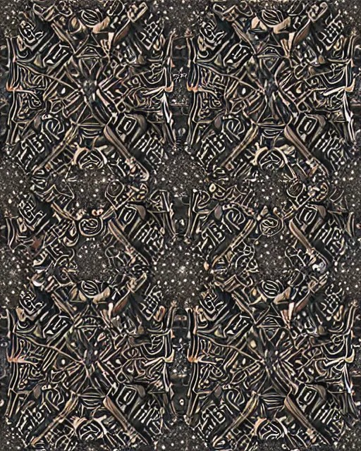 Image similar to a seamless pattern of Tibetan calligraphy on Dark paper, swarovski studded words in metallic and diamond sparkle, Tarot card, Tibetan text script, Tivet manuscript, pearls, diamonds, opal, bvlgari, ultra realistic, sharp focus, symmetric, 8k high definition, insanely detailed, intricate, elegant, Hajime Sorayama, Octane render, unreal engine,