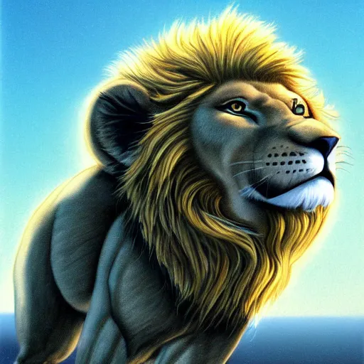 Image similar to an anthropomorphic lion, furry fursona furaffinity, by jim burns, james gurney, and david a. hardy