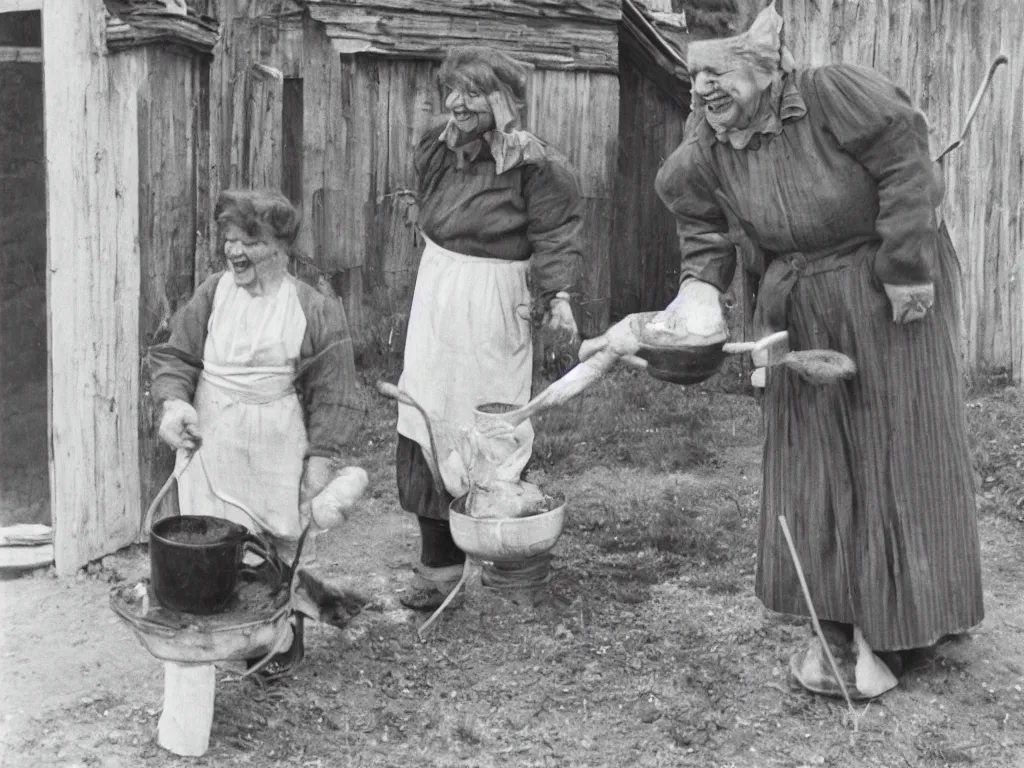 Prompt: happy finnish grandma churning butter and smiling to the camera, 1 9 6 6, home album pocket camera photo, detailed facial features, hyper realistic