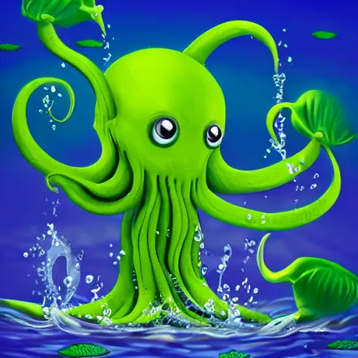 Prompt: cute baby cthulu splashing in the ocean